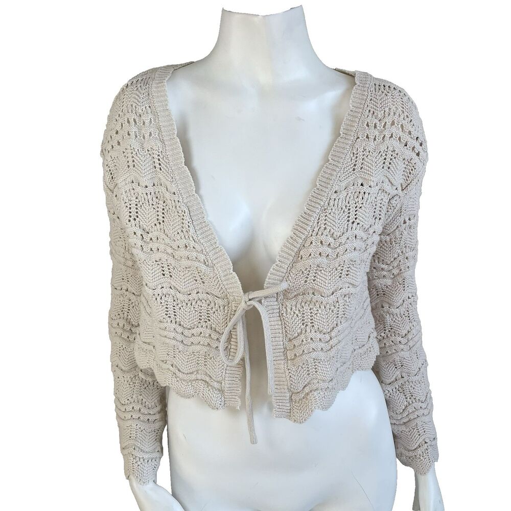Crochet Tie Front Cropped Cardigan Top Bell Sleeves XL Boho Fairy Cottage Beach